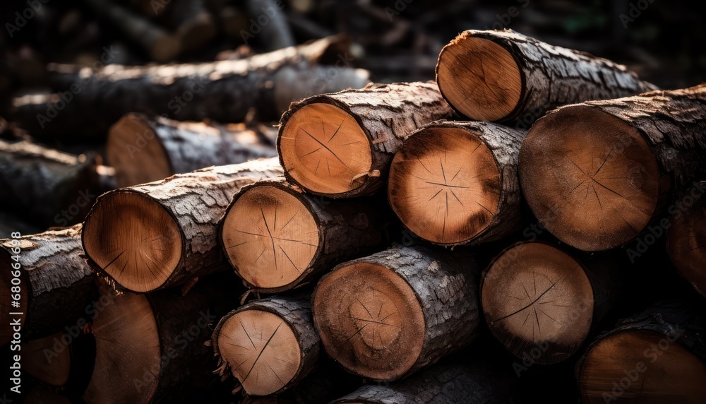 A Towering Stack of Timber on a Lush Forest Carpet