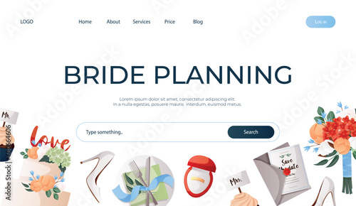 Landing page with wedding day accessories, decorations. Cake with flowers, champagne glasses, bride groom cupcakes, engagement ring, proposing card. Celebrate marriage, save the date ceremony poster