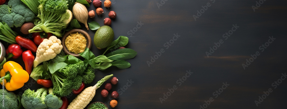 Wide flat lay photograph of vegetarian day banner with different types of vegetables fruits and grains on a table wide empty side for mockup text editing in light black background  - obrazy, fototapety, plakaty 