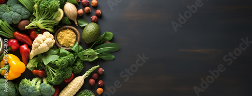 Wide flat lay photograph of vegetarian day banner with different types of vegetables fruits and grains on a table wide empty side for mockup text editing in light black background 