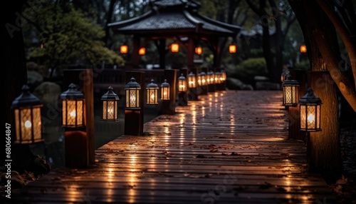 Enchanted Pathway  Illuminated Lanterns Guiding Through a Nighttime Woodland Wonderland