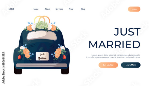 Landing page with wedding rings on retro car with flowers, sign board Just Married. Bride and groom getaway car. Wedding day accessories, decorations. Celebrate marriage, save the date ceremony poster