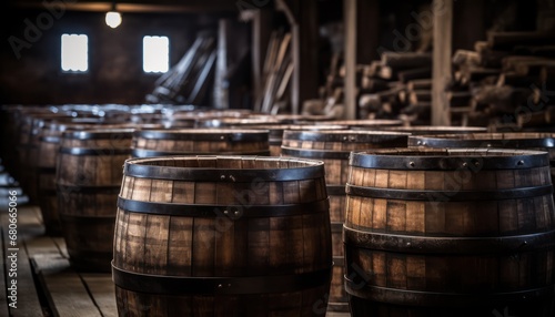 Many Rows of Stacked Wooden Barrels in a Spacious Rustic Room