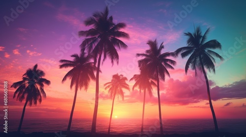  a sunset with palm trees in the foreground and a pink and blue sky in the middle of the picture. © Oleg
