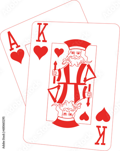 Cartoon Black and White Isolated Illustration Vector Of The Ace and King of Hearts Playing Cards