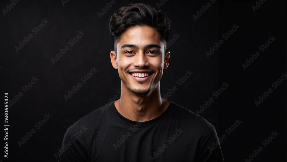 Obraz premium Young man smile isolated in black background, backdrop with copy space