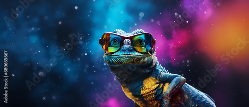 Lizard with sunglasses and space colors, background is bokeh with bubbles