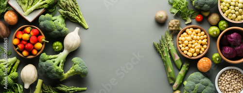 Wide flat lay photograph of vegetarian day banner with different types of vegetables fruits and grains on a table wide empty side for mockup text editing in light gray background  photo