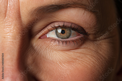 age positive concept: close up beauty shot of a 50 plus year old woman on a pastel brown background