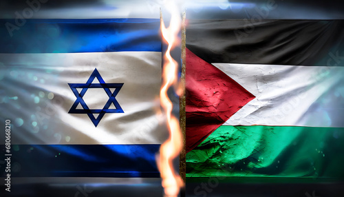the flag of israel and palestine cut in two with fire photo