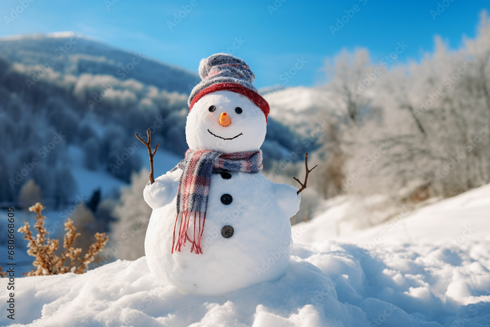 Fototapeta premium Snowman in a Beautiful Sunny Winter Day Cheerful snowman in a snowy meadow