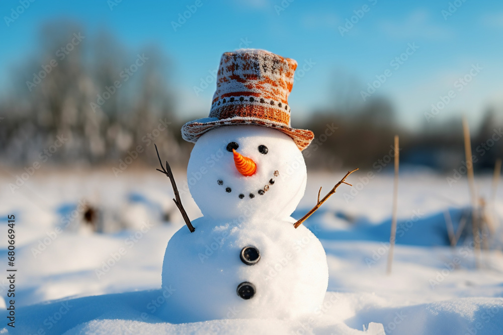 Obraz premium Snowman in a Beautiful Sunny Winter Day Cheerful snowman in a snowy meadow