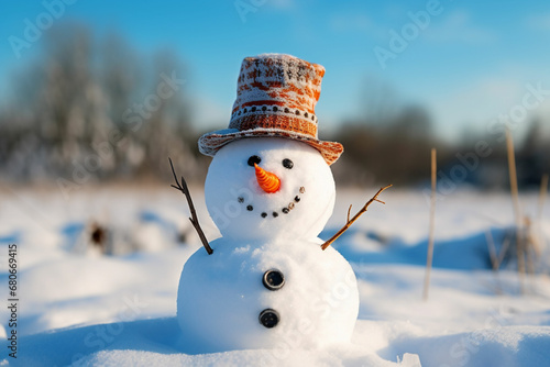 Snowman in a Beautiful Sunny Winter Day Cheerful snowman in a snowy meadow © Khansa