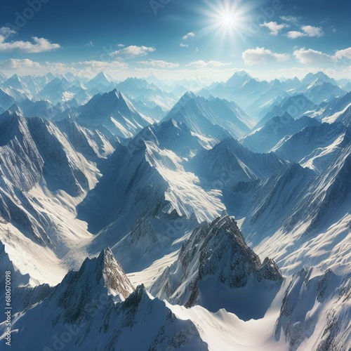 Winter alpine landscape with the radiant sun