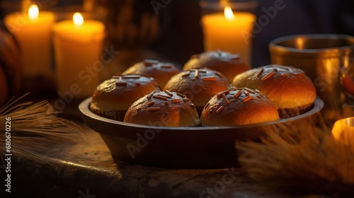 Still life with bread, pumpkins and candles. Selective focus