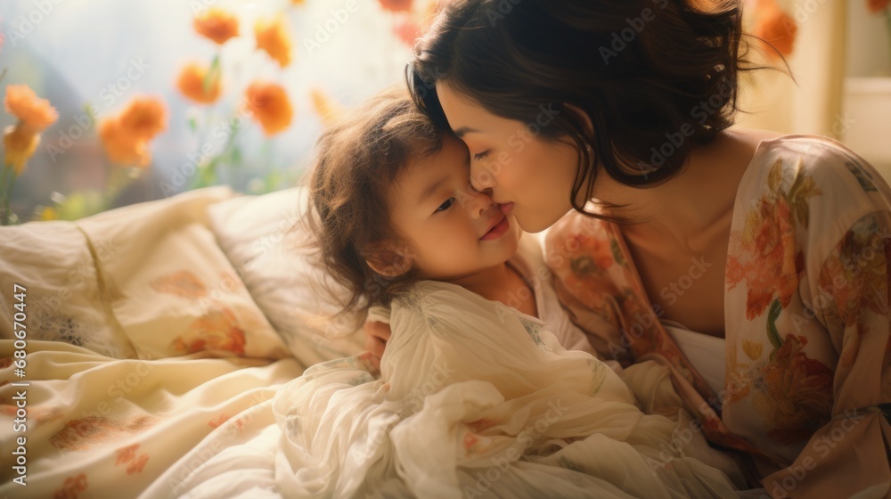 Asian mother kisses and hugs her baby, blurred kids room. Mother's day concept. Asian mother kisses and hugs her baby, blurred kids room. Mother's day concept.