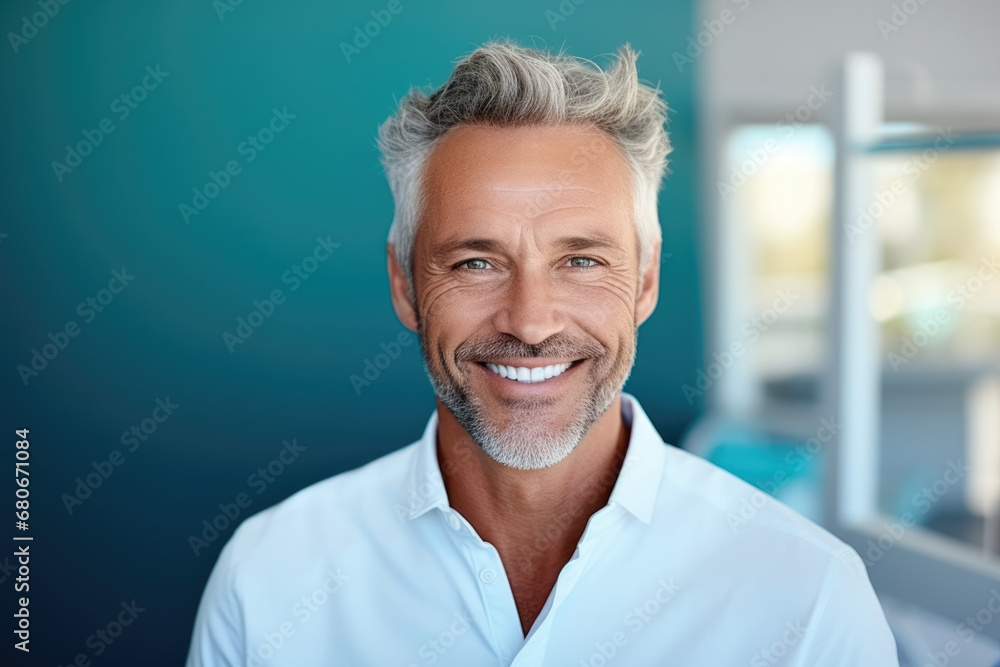 portrait of smiling handsome middle-aged man with gray hair looking at the camera - obrazy, fototapety, plakaty 