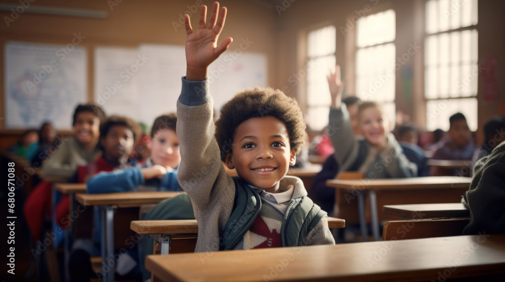 Happy African-American Boy Raising Hand in a Vibrant Classroom Stock ...