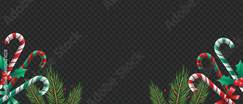 Vector 3D Realistic Isolated Red and Green Candy Canes and Cypress branches Christmas Frame Template for Card Postcard, Banner Designs Top View Lollipop realistic illustration Isolated on Transparent.