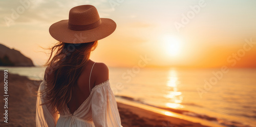 close up of a unrecognizable woman in white dress and hat on the beach enjoying of the sunset