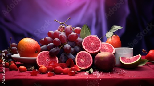 a table topped with a bowl of fruit next to a plate of fruit and a bowl of fruit on top of a table.