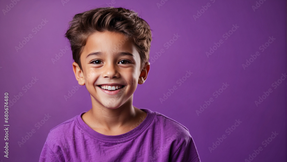 Boy smile isolated in bright purple background, backdrop with copy space