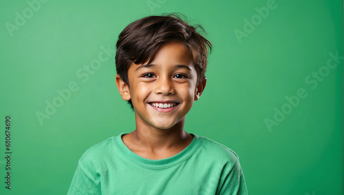 Boy smile isolated in bright green background, backdrop with copy space