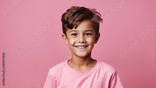 Boy smile isolated in pink background, backdrop with copy space