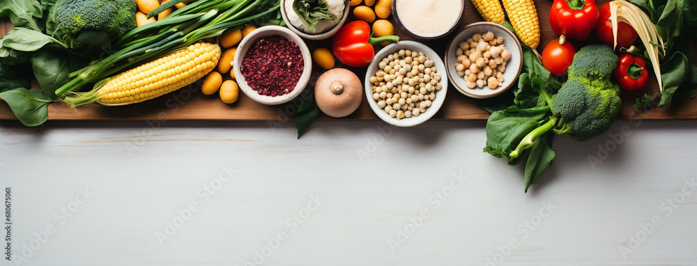 Wide flat lay photograph of vegetarian day factbook banner with different types of vegetables fruits and grains on a table wide empty side for mockup text editing in white background 