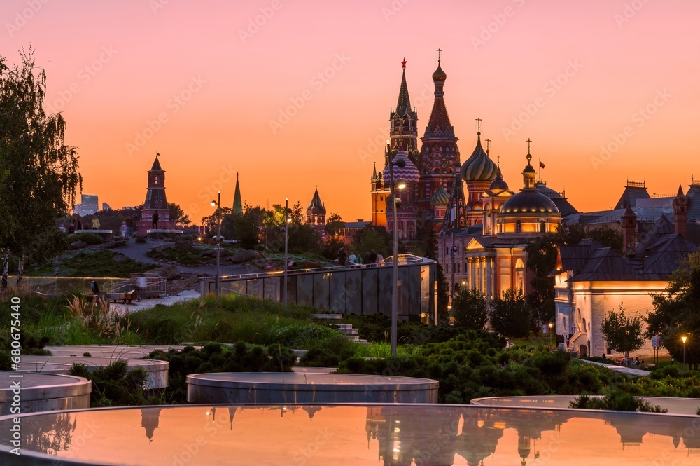 Sunset Landscape of Moscow, Russia. Urban design Zaryadye Park by Moscow Kremlin, scenery St. Basil's Cathedral on Red square. Zaryadye Park is tourist attraction of Russian capital