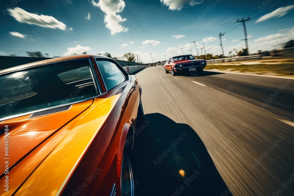Doing a race with a another muscle car in a close up view.