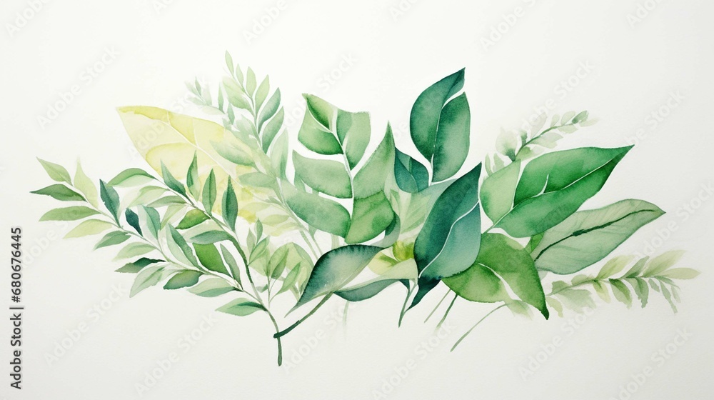 Green leaves in watercolor on white background