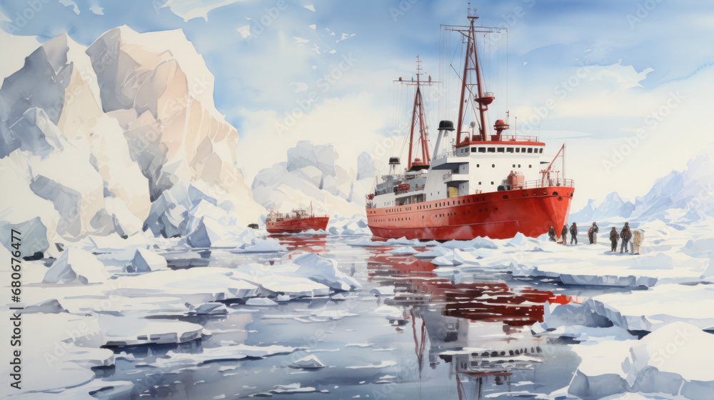 Research ships with many researchers in the Arctic ice desert