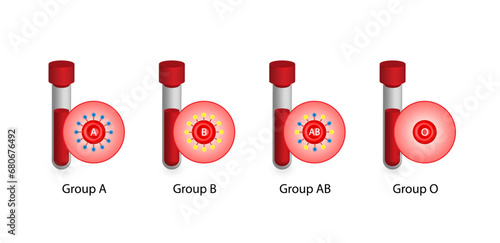 ABO Blood groups. four blood types, A,B, AB and O groups, made up from combinations of the type A and type B antigens. Blood donation. Vector illustration.