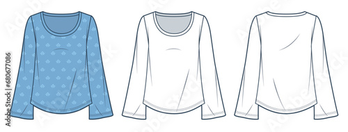 Round Neck Blouse technical fashion illustration. Bell Sleeve Shirt fashion flat technical drawing template, relaxed fit, front and back view, white, blue, women Top CAD mockup set.