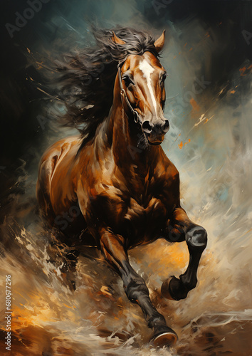 Horse gallops on the dust, epic moment. Freedom horse running in the dark background. AI Generative