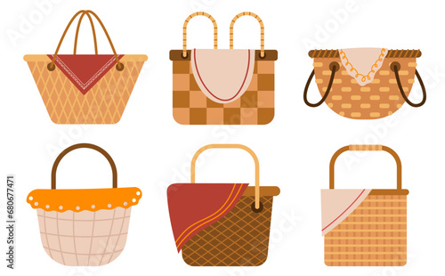 Picnic basket isolated set. Vector flat graphic design illustration 