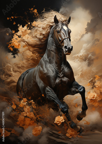 Horse gallops on the dust  epic moment. Freedom horse running in the dark background. AI Generative