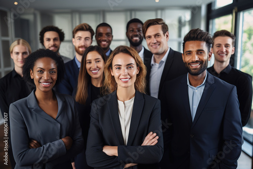 Portrait of happy businessmen and satisfied businesswomen standing as a team. Multiethnic group of people smiling.