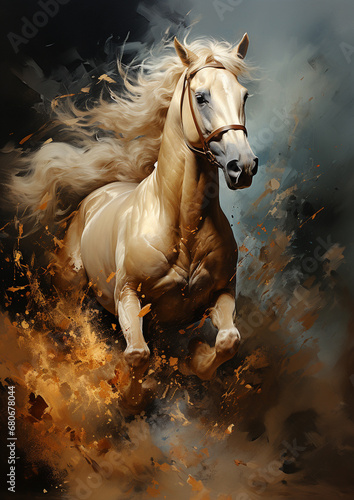 Horse gallops on the dust  epic moment. Freedom horse running in the dark background. AI Generative