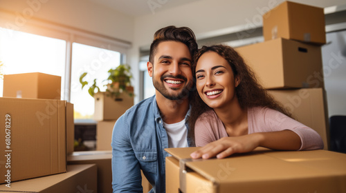 Cheerful young couple is surrounded by cardboard boxes, symbolizing a move to a new home © MP Studio