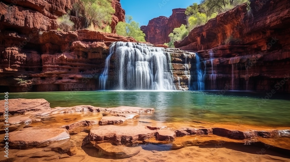 waterfall in karijini national park, western australia - obrazy, fototapety, plakaty 