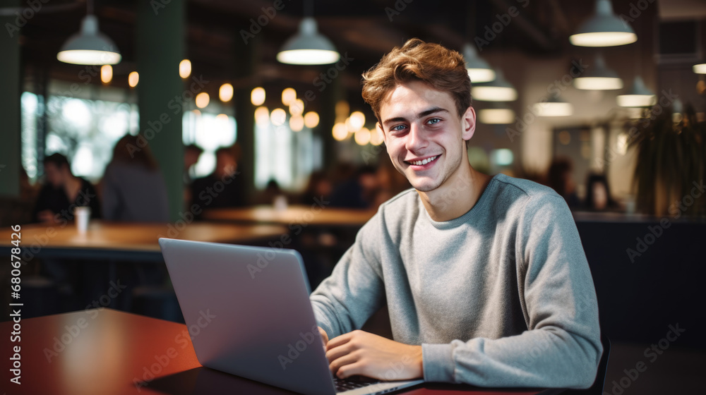 Smiling man working on a laptop in his office Smiling man working on a laptop in his office
