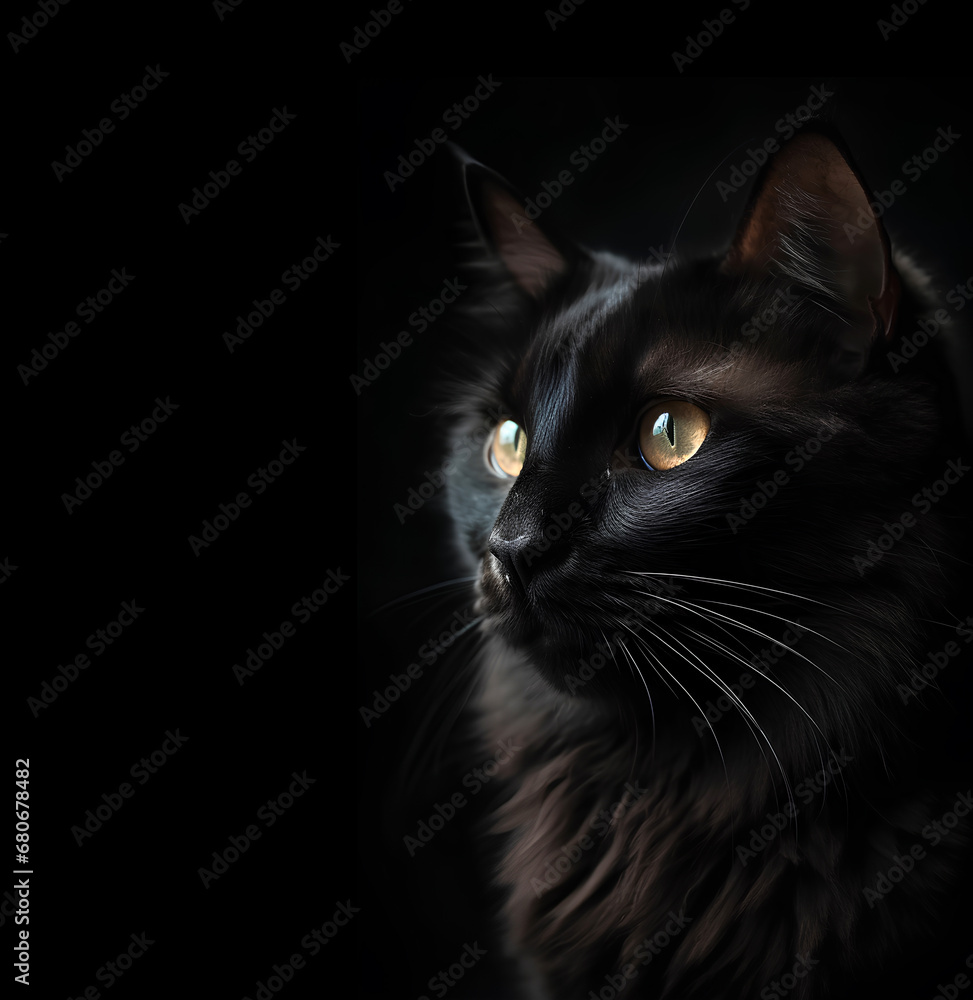 Portrait of black fluffy cat on a black background with copy space
