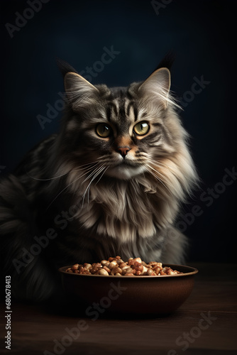 Tabby fluffy cat sitting near the ceramic bowl of pet food on dark background