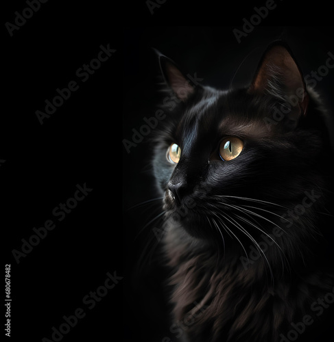 Portrait of black fluffy cat on a black background with copy space