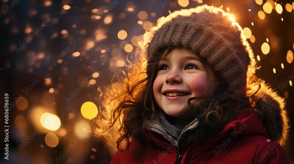 A joyful child is dressed in winter clothes, smiling broadly and looking upwards, surrounded by a festive atmosphere with bokeh lights and falling snow. A joyful child is dressed in winter clothes, smiling broadly and looking upwards, surrounded by a festive atmosphere with bokeh lights and falling snow.