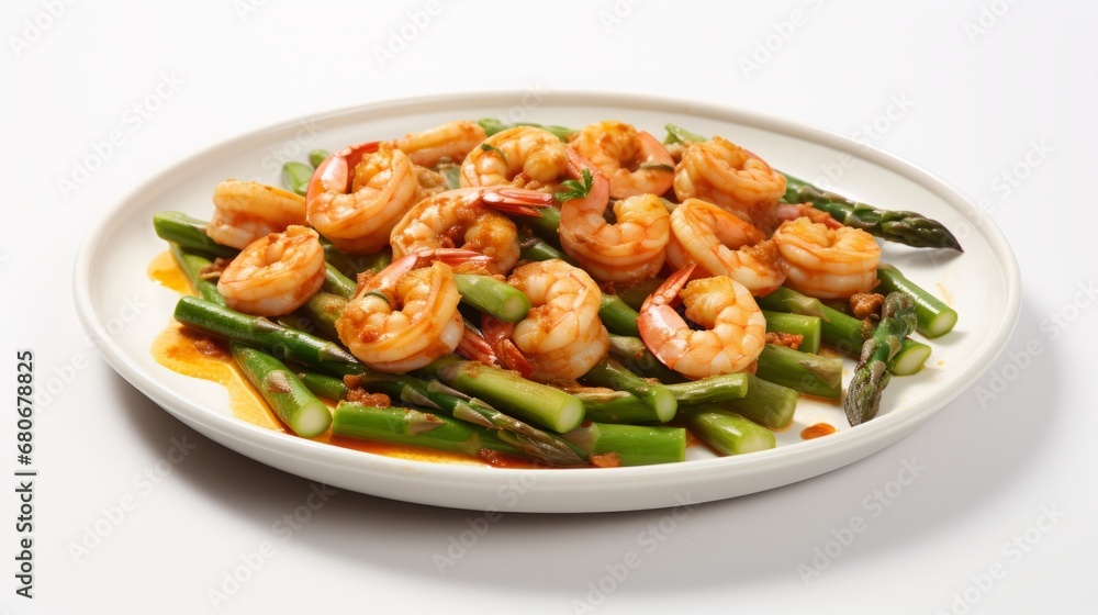 shrimp with asparagus cooked in a plate. shrimp with asparagus cooked in a plate.