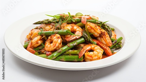 shrimp with asparagus cooked in a plate.