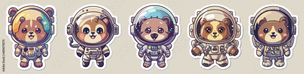 Fototapeta premium Bear Cub in an Astronaut Suit Sticker Anime Style on White Background, Vector Illustration